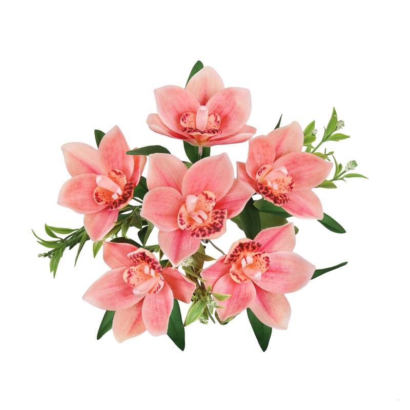 Set of 4 Coral Artificial Cymbidium Orchid Flower Stem Bush Bouquet 13in - 13" L x 8" W x 8" DP