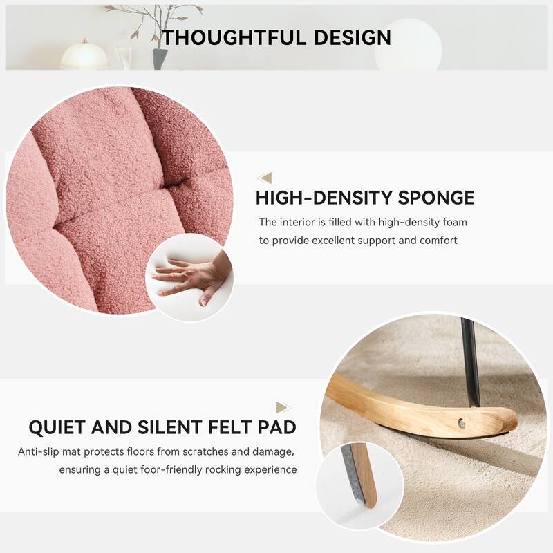 Comfortable Teddy Fabric Upholstered Rocking Chair with High Backrest and Pillows for Indoor Use