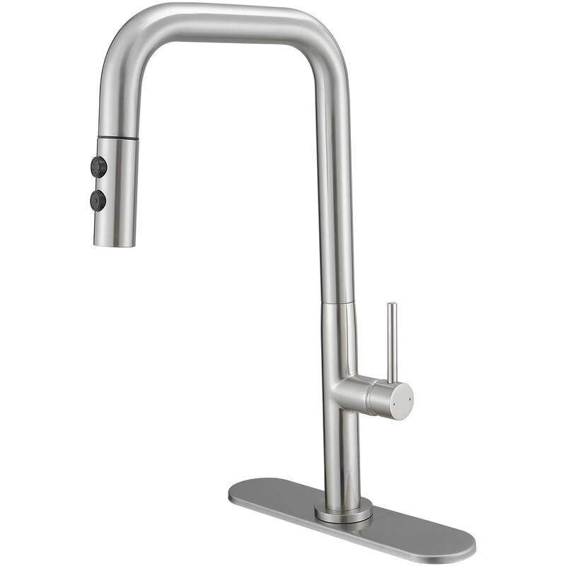 WIZ Pull-Down 1-Spray High Arc Kitchen Faucet With Deck Plate - Brushed Nickel