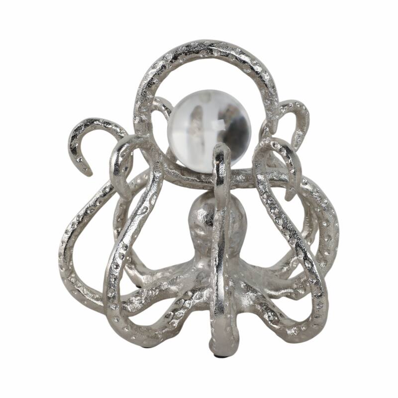 Metal Glass Figurine Octopus Design Metallic Coastal Style - 7" Silver - 7.75" x 7" x 7"