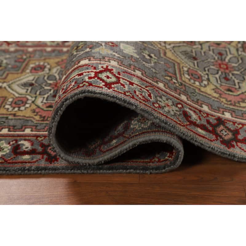 Hand Knotted Oriental 100% Wool Carpet Traditional Geometric Greys & Charcoal Heriz (serapi) Runner Rug - 7' 11'' X 2' 7''