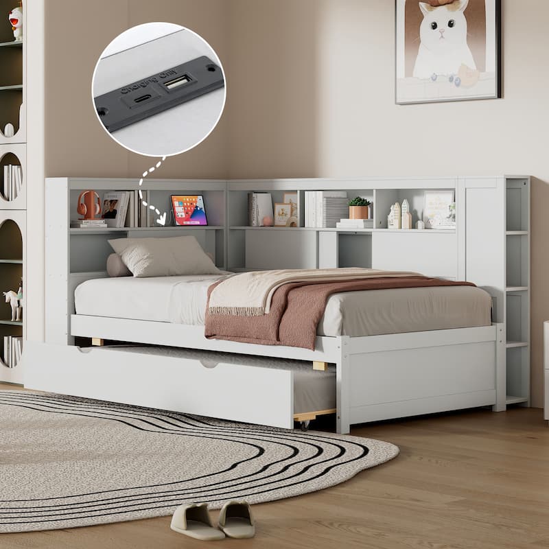 Twin Size Wood Daybed with Pull Out Trundle, Solid Pine Living Room Platform Sofa Bedframe with Storage Shelves and USB Ports