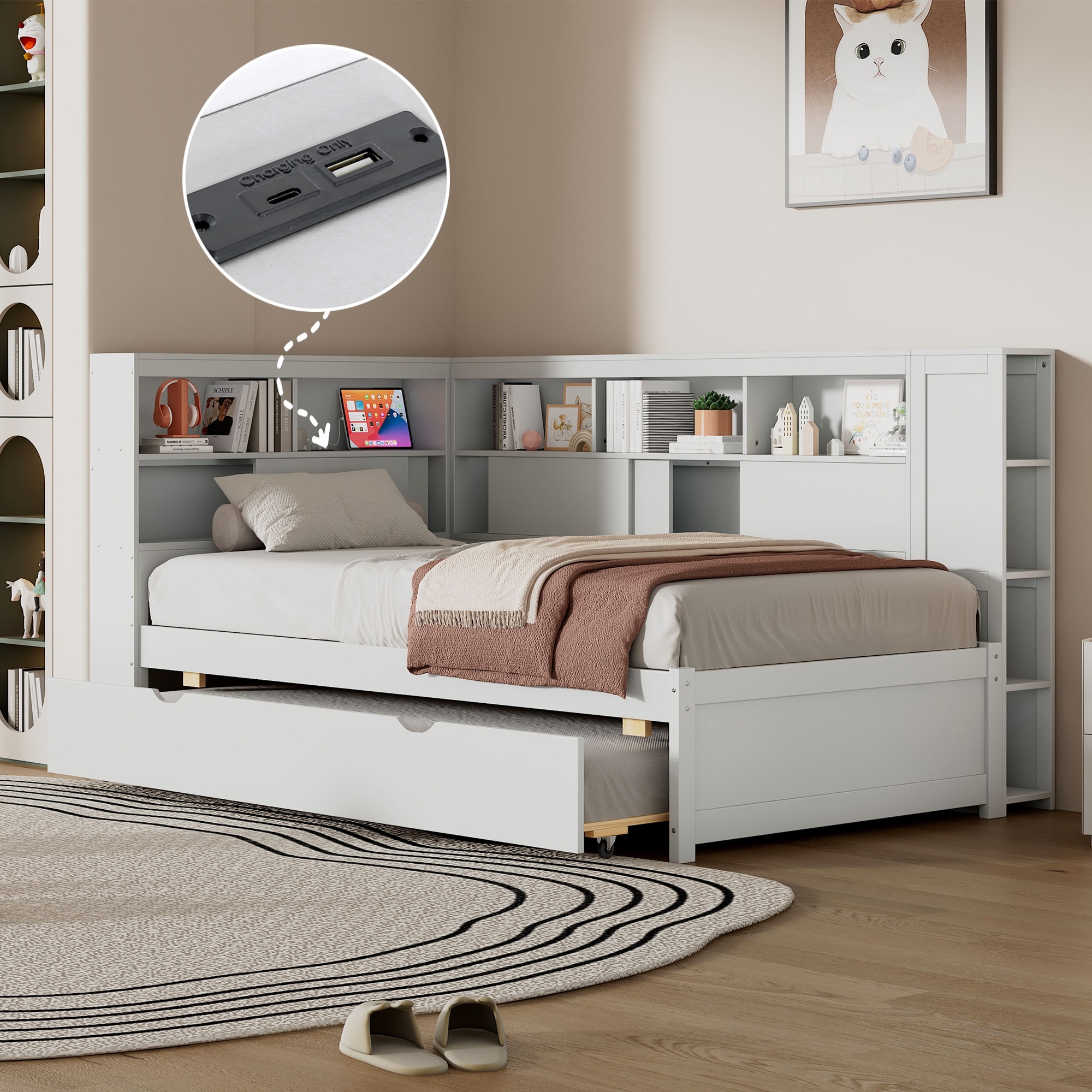 Twin Size Wood Daybed with Storage Shelves, USB Charging Port, Trundle, and White Finish, Perfect for Small Spaces