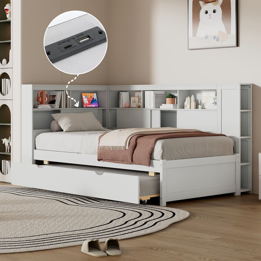 Twin Size Wood Daybed with Storage Shelves, USB Charging Port, Trundle, and White Finish, Perfect for Small Spaces