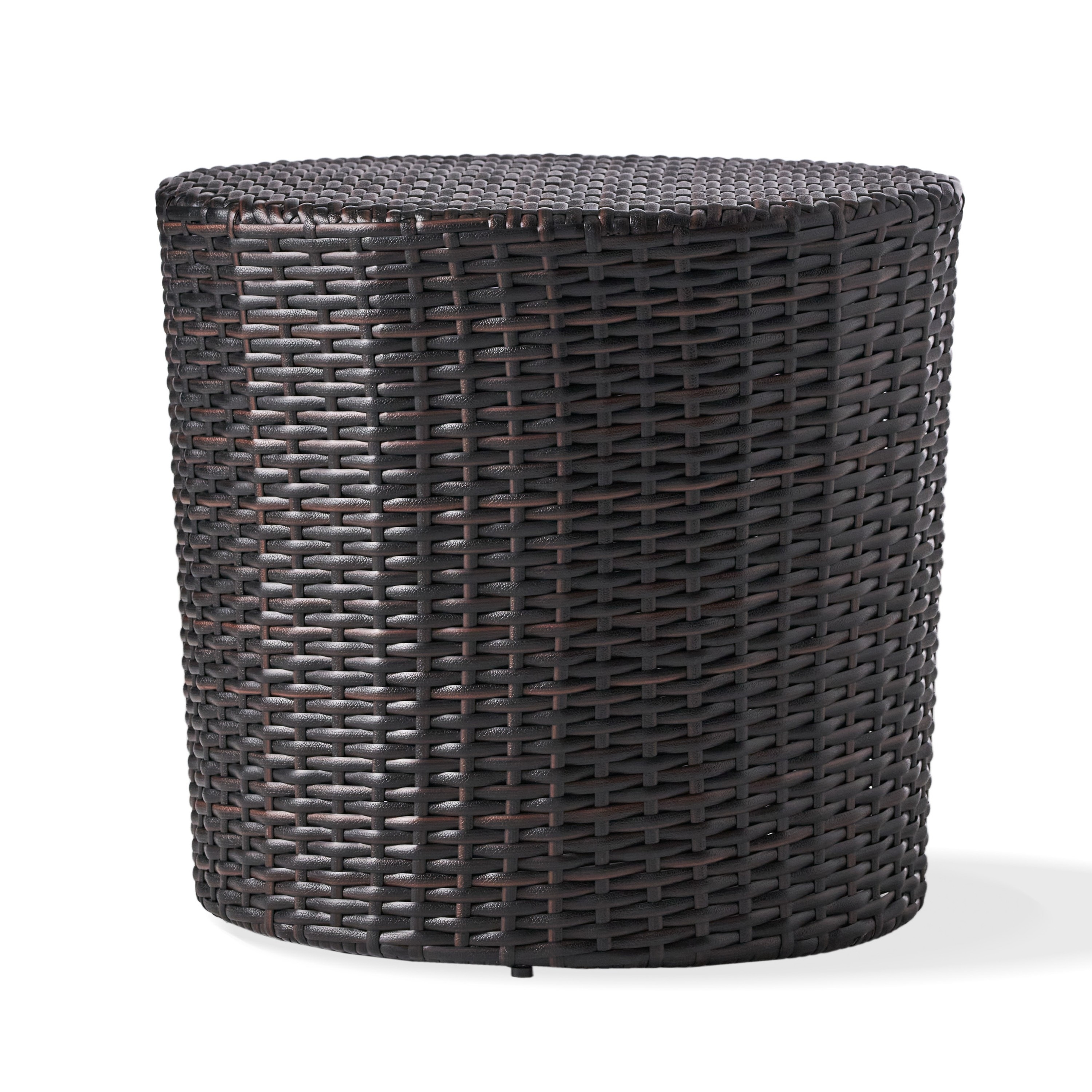 Olum Outdoor End Table, Barrel Shaped Wicker, 18 Inch Brown PE Rattan