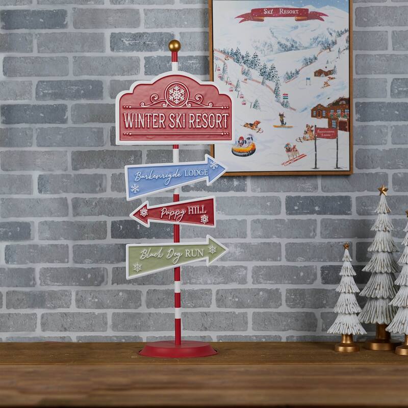 Dog Ski Resort Sign Metal Christmas Decoration for Porch or Entryway - 13.5” x 9.5” x 34”