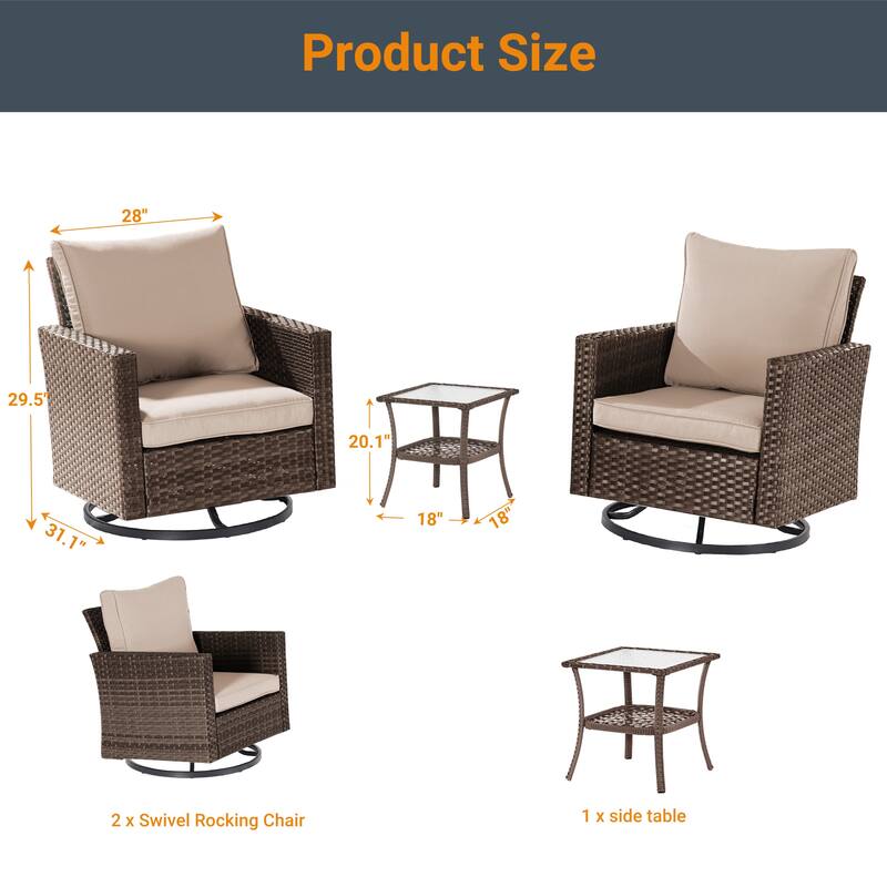 LIVOOSUN 3-Piece Patio Sofa Set Brown Rattan Swivel Rocking Chair Glass Table