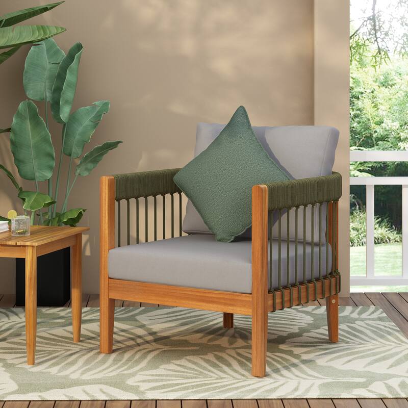 Acacia Wood Outdoor Club Chair with Handwoven Rope Accents & Curved Backrest - Water-Resistant with Removable Cushions - Grey