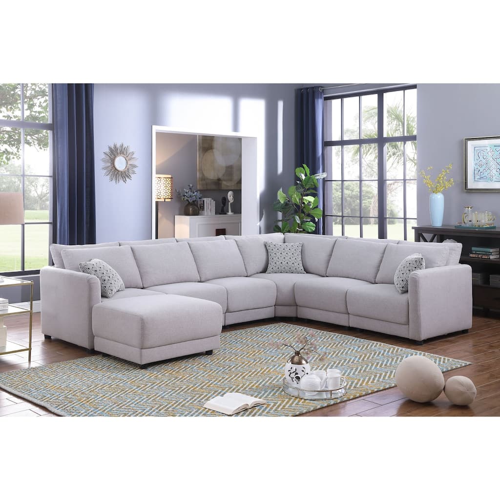 7 Piece Upholstered Modular Sectional Sofa with Ottoman in Light Gray