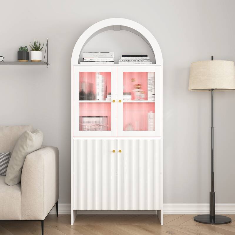 Anmytek Lighted Display Cabinet Pantry Storage with LED Dome Top Modern Home Decor