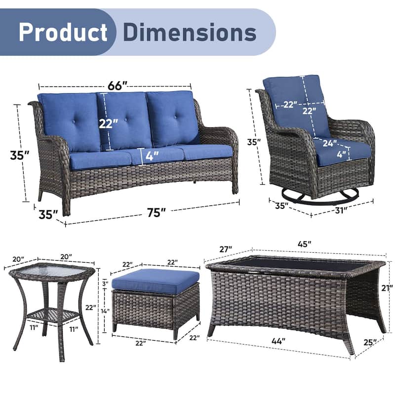 Pocassy Outdoor 7PCS 3-Seat Sofa Swivel Chairs Table Ottoman