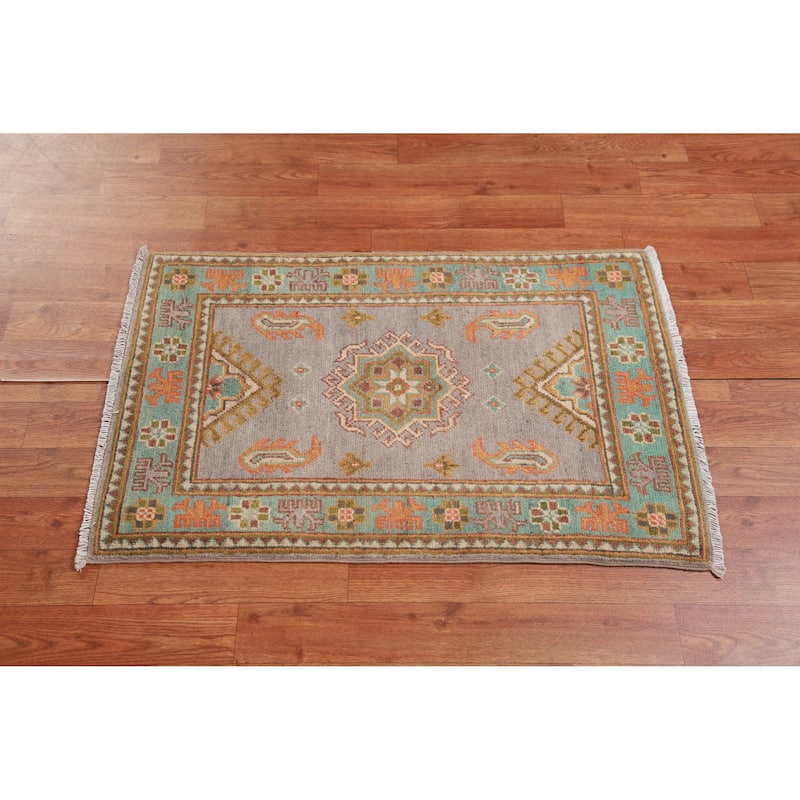 Traditional Kazak Oriental Rug Hand-Knotted Grey Wool Carpet - 2'0"x 3'0"
