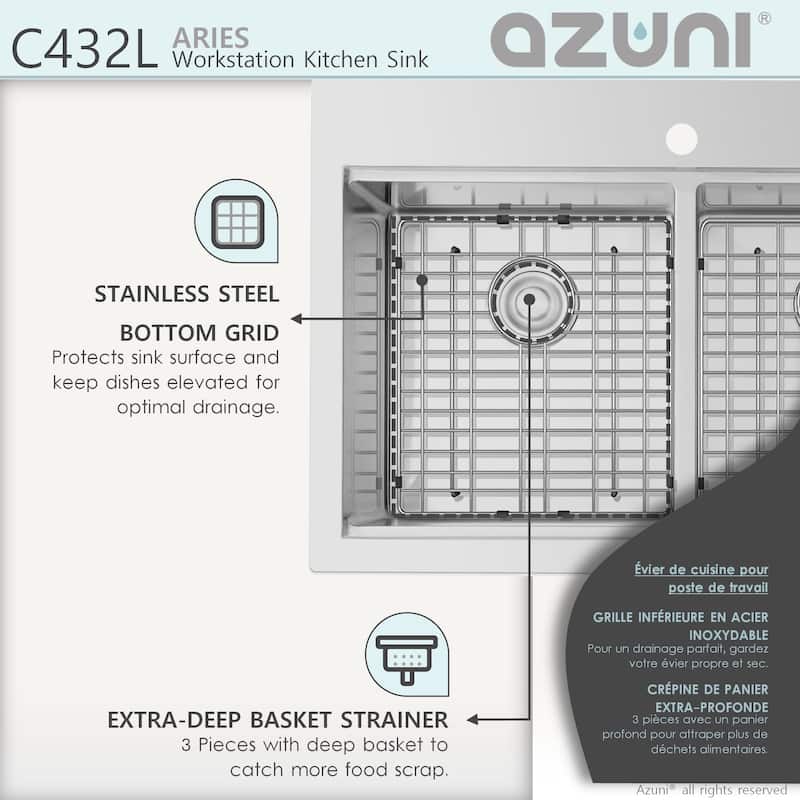 AZUNI 31.25 inch Top Mount Double Bowl Stainless Steel Ledge Workstation Kitchen Sink Handmade - 31.25" x 20.2" x 9"