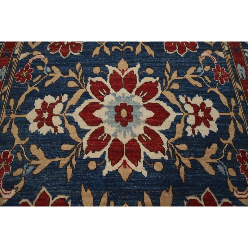Hand Knotted Oriental 100% Wool Carpet Transitional Floral Navy Blue & Blues Oushak Area Rug - 9' 1'' X 6' 0''