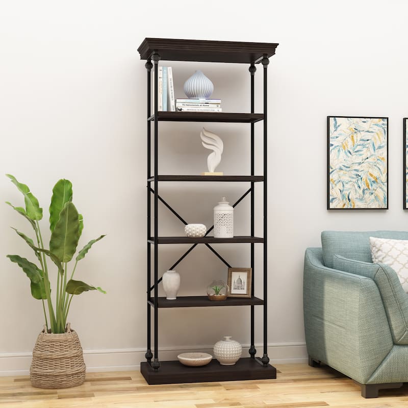 Abramo Industrial 5-shelf Firwood Bookcase by Christopher Knight Home - 34.00" W x 15.50" D x 84.75" H - Dark Walnut+ Black