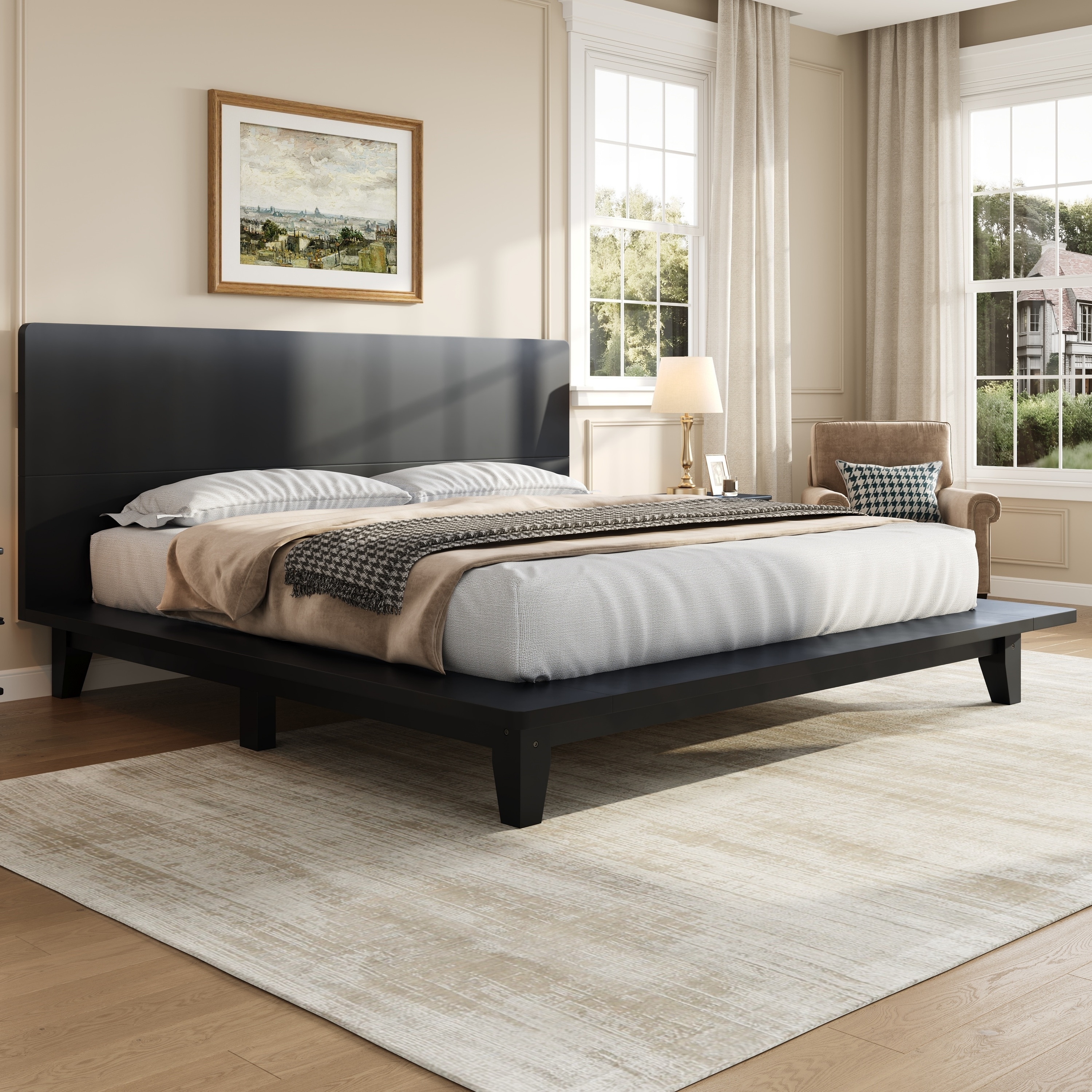 GDFStudio - Modern Wooden Platform Bed Frame with Headboard