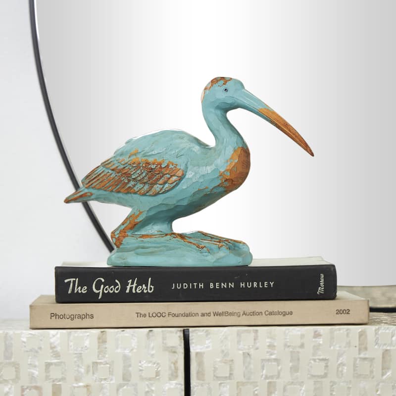 Polystone Bird Distressed Decorative Sculpture with Brown Wood Inspired Accents - Teal - Roche River Decor