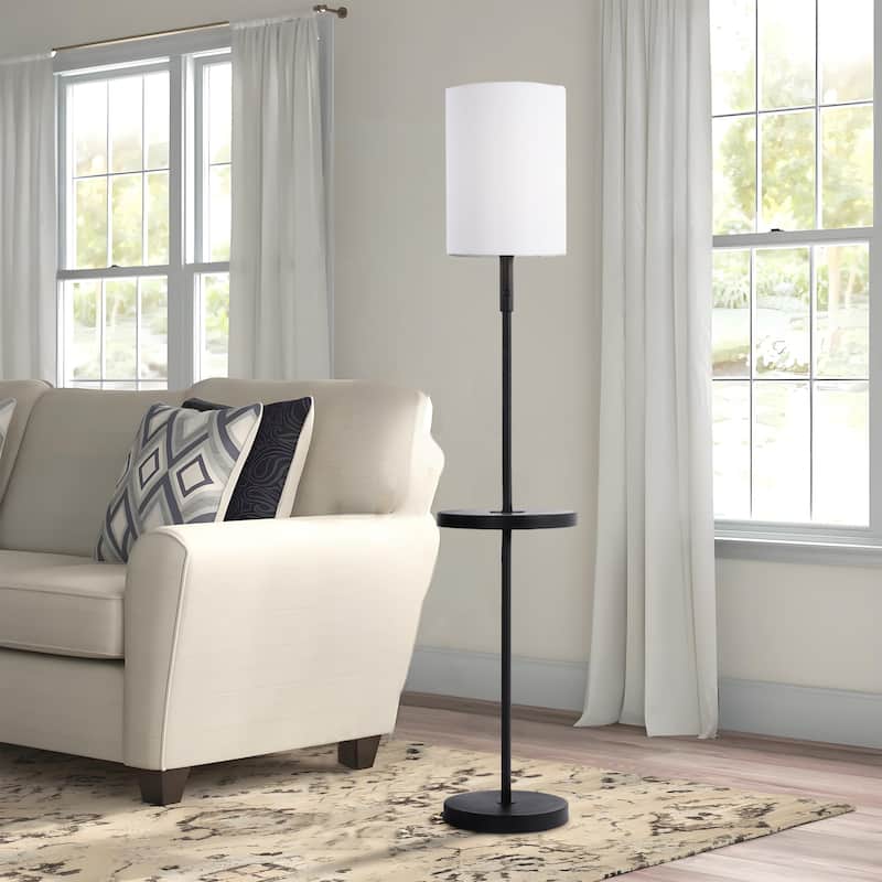 57" Traditional Iron Tray Table Floor Lamp with Linen Drum Shade