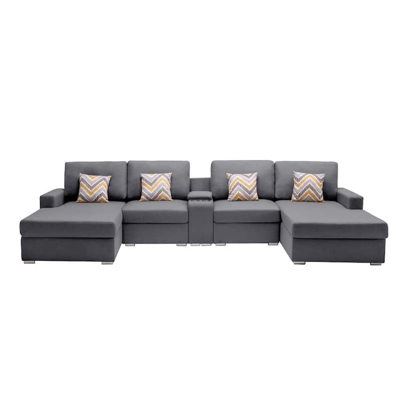 Linen Fabric 5 Piece Double Chaise Sectional Sofa with Storage Console Table and 4 Pillows - Gray