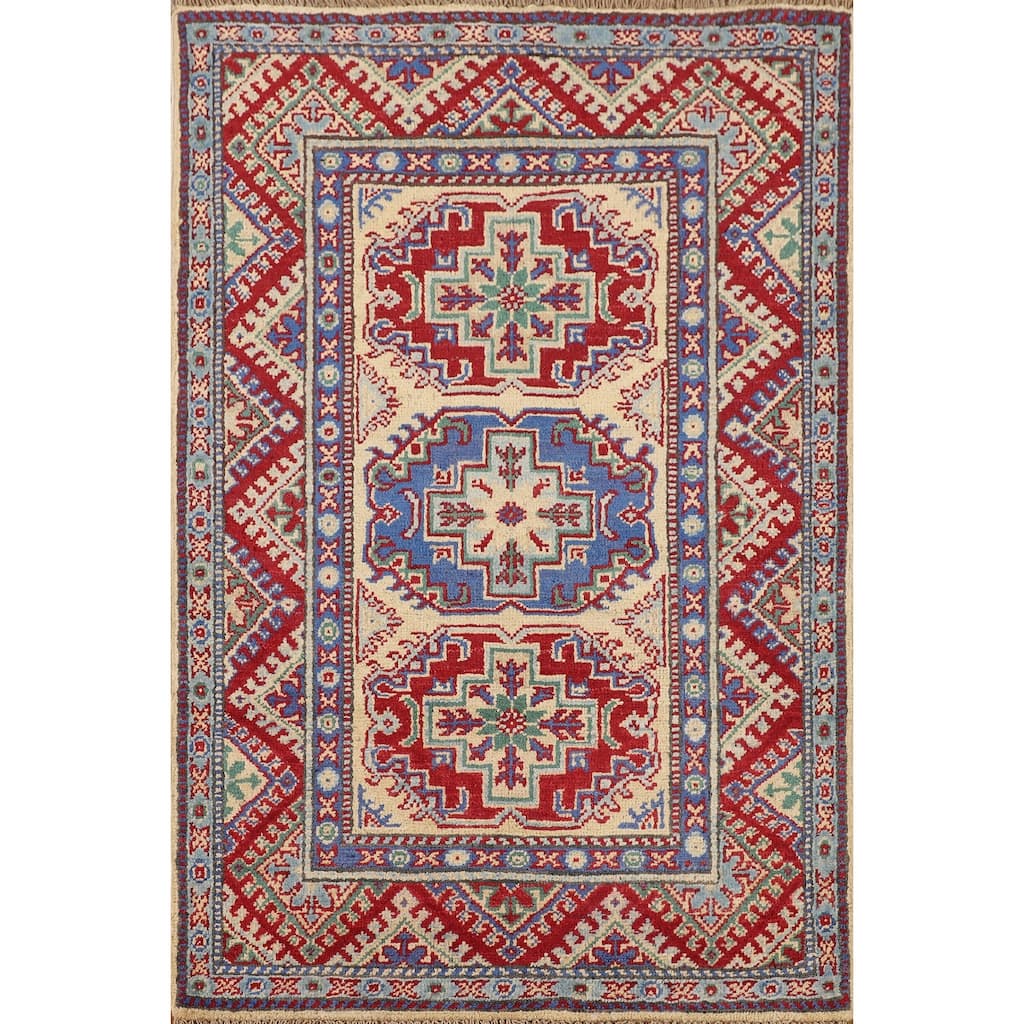 Geometric Kazak Oriental Accent Rug Handmade Bedroom Wool Carpet - 2'7" x 3'10"