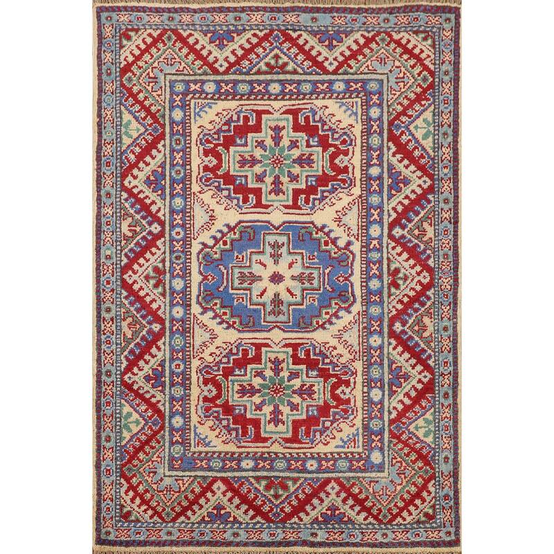 Geometric Kazak Oriental Accent Rug Handmade Bedroom Wool Carpet - 2'7" x 3'10"