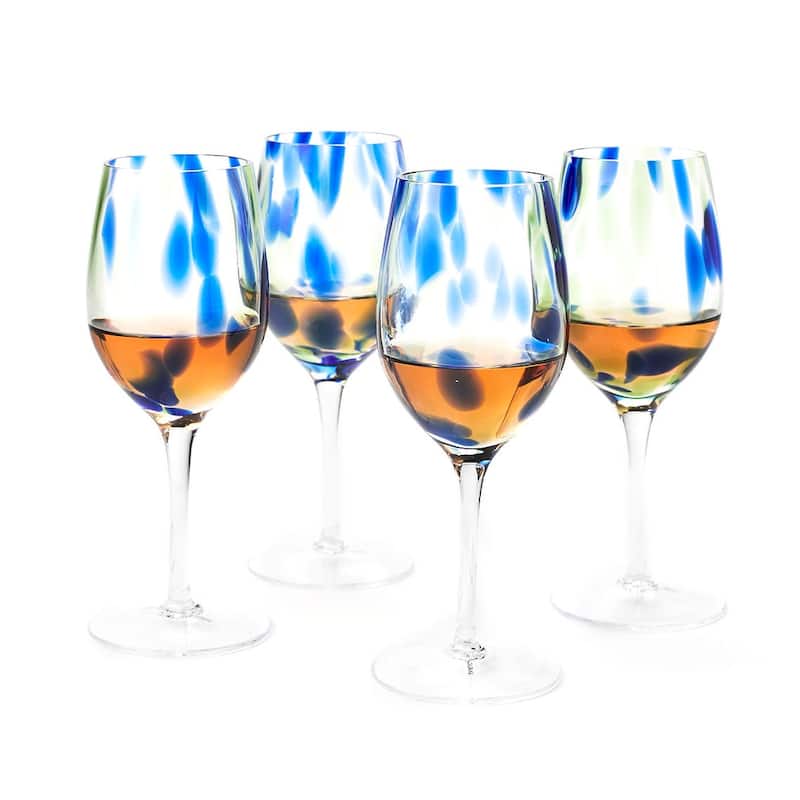 Blue Rose Polish Pottery Hand blown Wine Glass Set - Cobalt and Green Confetti