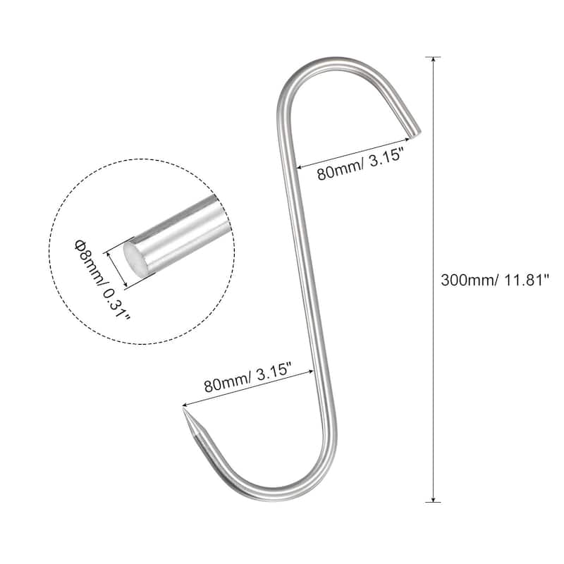 Meat Hooks, Stainless Steel S-Hook Meat Processing for Fish Beef 4Pcs - Silver Tone - 11.81", 0.31" Thick