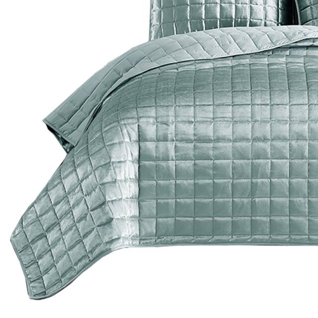 3 Piece Queen Size Coverlet Set with Stitched Square Pattern, Sea Green