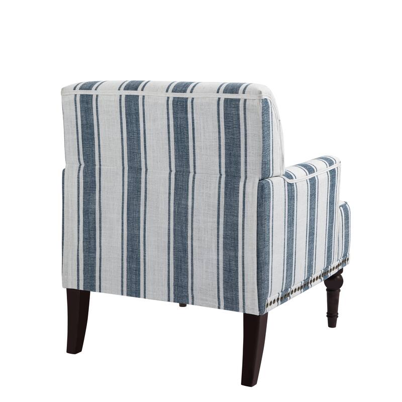 Striped Upholstered Linen Armchair with Brass Nailhead Trim
