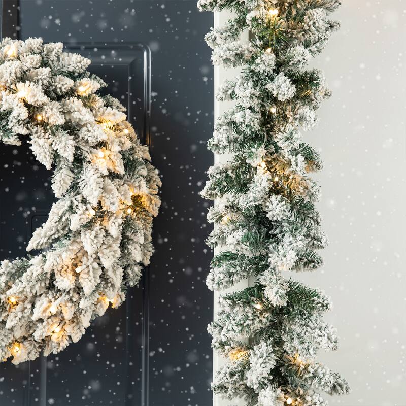 Glitzhome 2pk/4pk 6ft Pre-Lit Pinecones or Snow Flocked Christmas Garland, with Warm White LED Lights and Timer