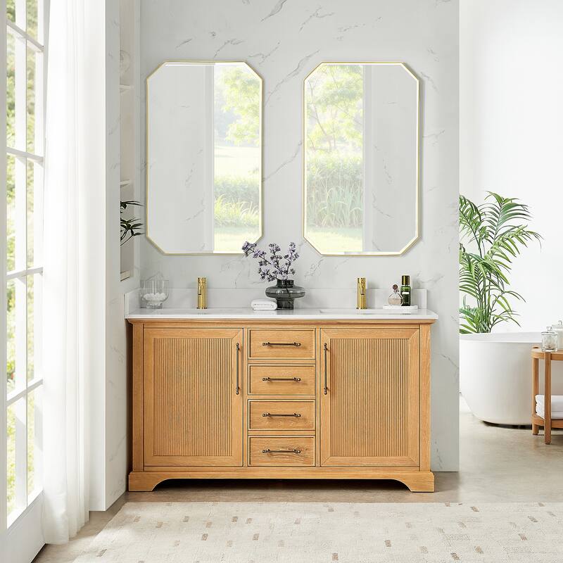 Tokyo Bath Vanity with Quartz Stone Top without Mirror - 60in. Double Sink - Oak Natural Brown