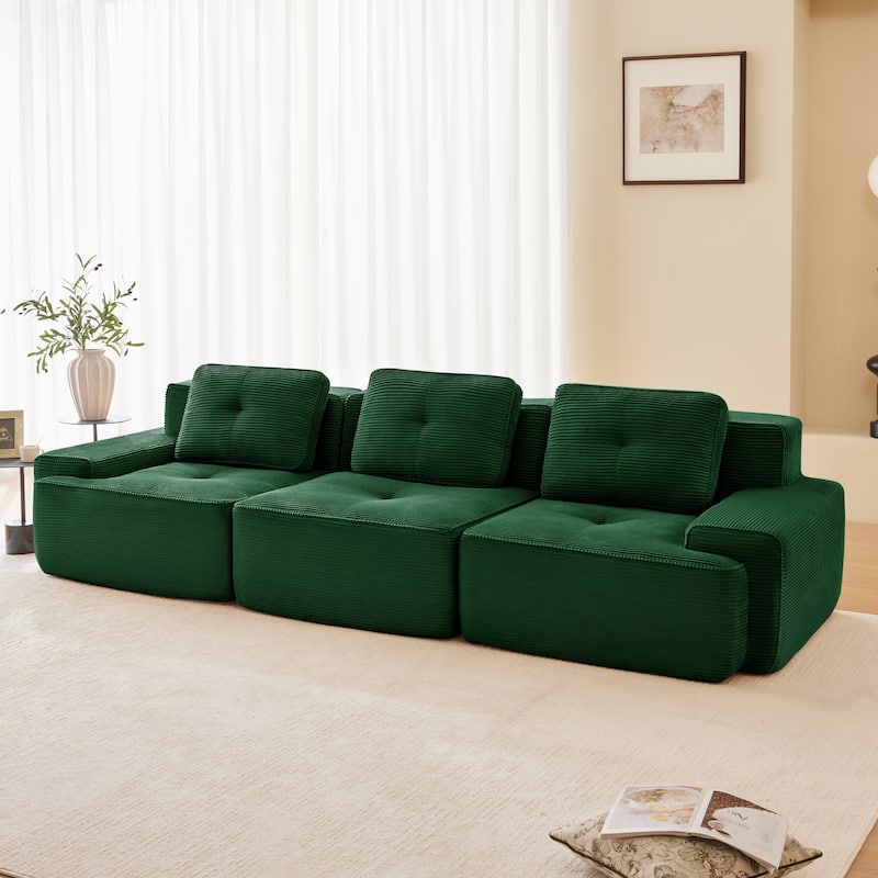 Roomfitters No Assembly Modular Sofa, 117 Inch Corduroy 3-Seater with Piping, Green - Green 117"