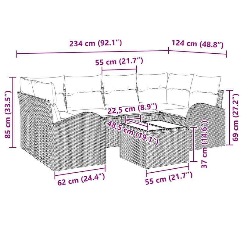 vidaXL 7 Garden Sofa Set with Cushions Black/Brown/Grey Poly Rattan - 92.1 x 48.8 x 27.2