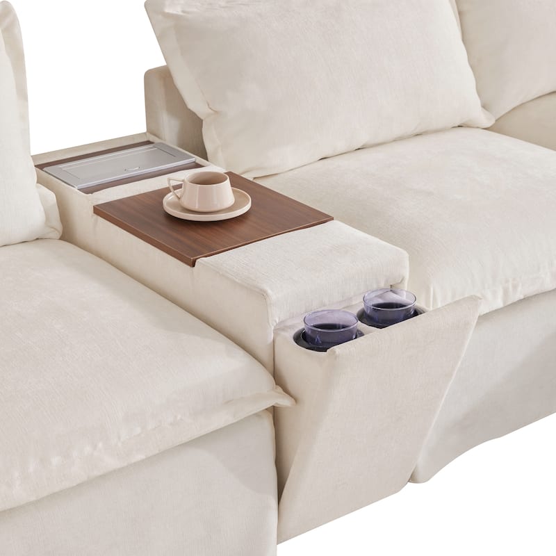Sectional Sofa With Movable Ottoman And Console,Cup Holder,Wide Seat,U Shaped Couch,Chenille Sofa With Usb Charger