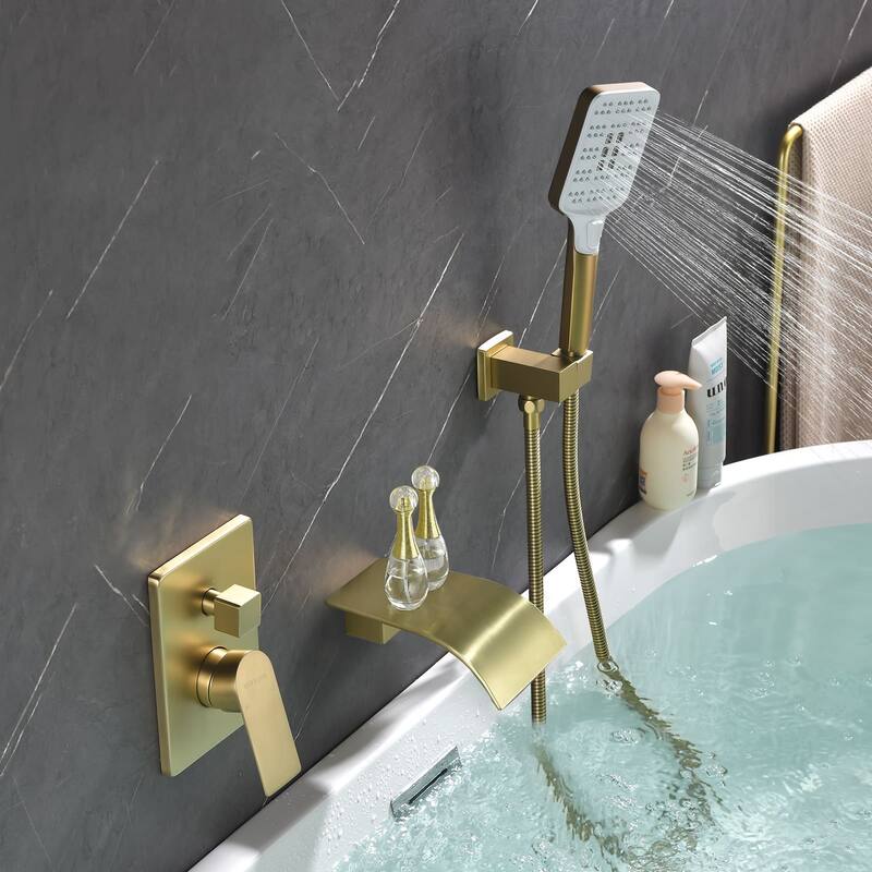 Wall Mounted Tub Faucet With Hand Sprayer Waterfall Bathtub Faucet Modern Single Handle Tub Filler Trim With Handheld Shower
