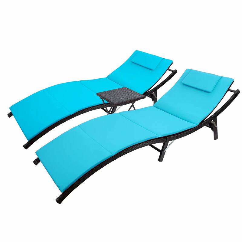 Homall Patio Chaise Lounge Sets Outdoor Rattan Adjustable Back 3 Pieces Cushioned Patio Folding Chaise Lounge with Folding Table