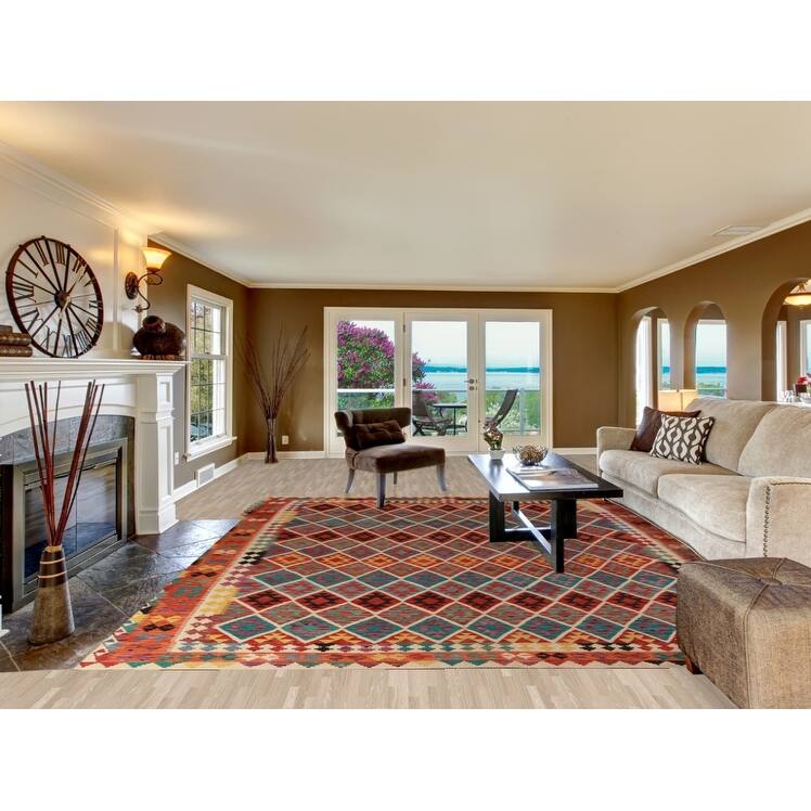 Reversible Kilim Area Rug Hand-Woven Oriental Wool Carpet - 10'3"x 12'6"