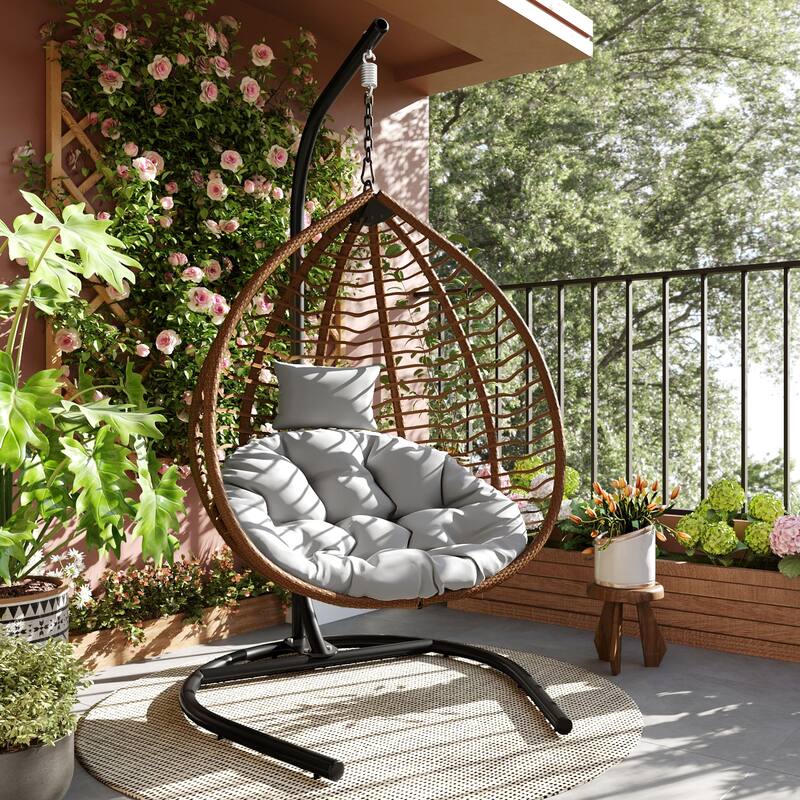 Foldable Rattan Hanging Hammock Chair with Stand and Plush Cushion for Indoor and Outdoor
