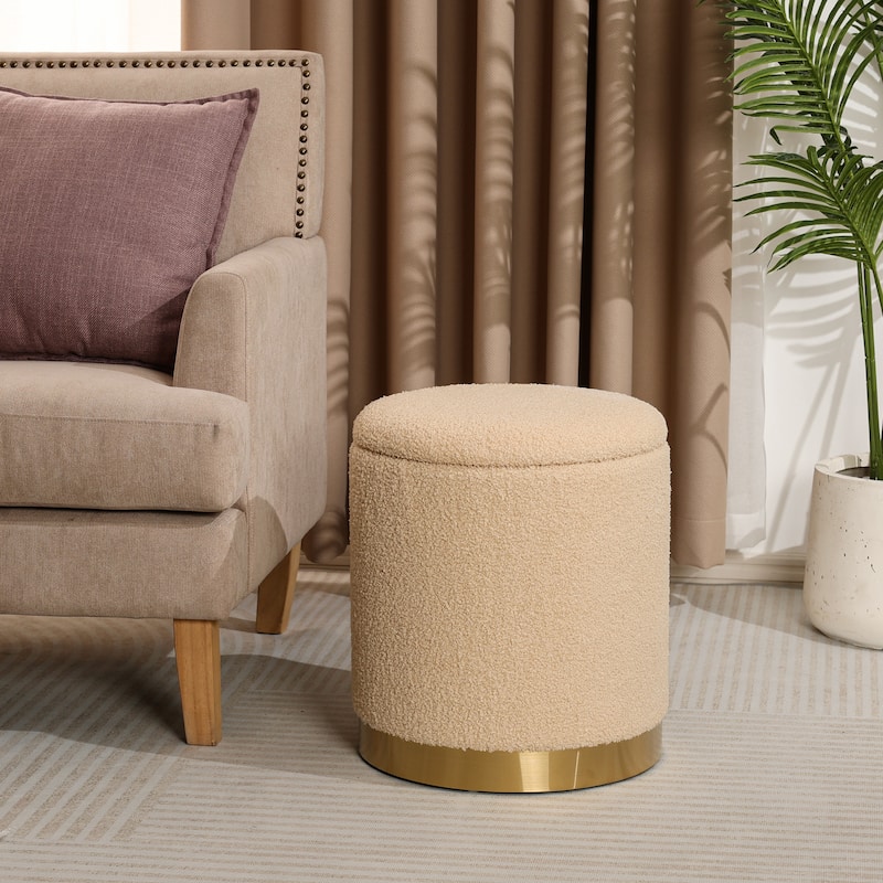Adeco Velvet Round Storage Stool Gold Plating Base Storage Ottoman