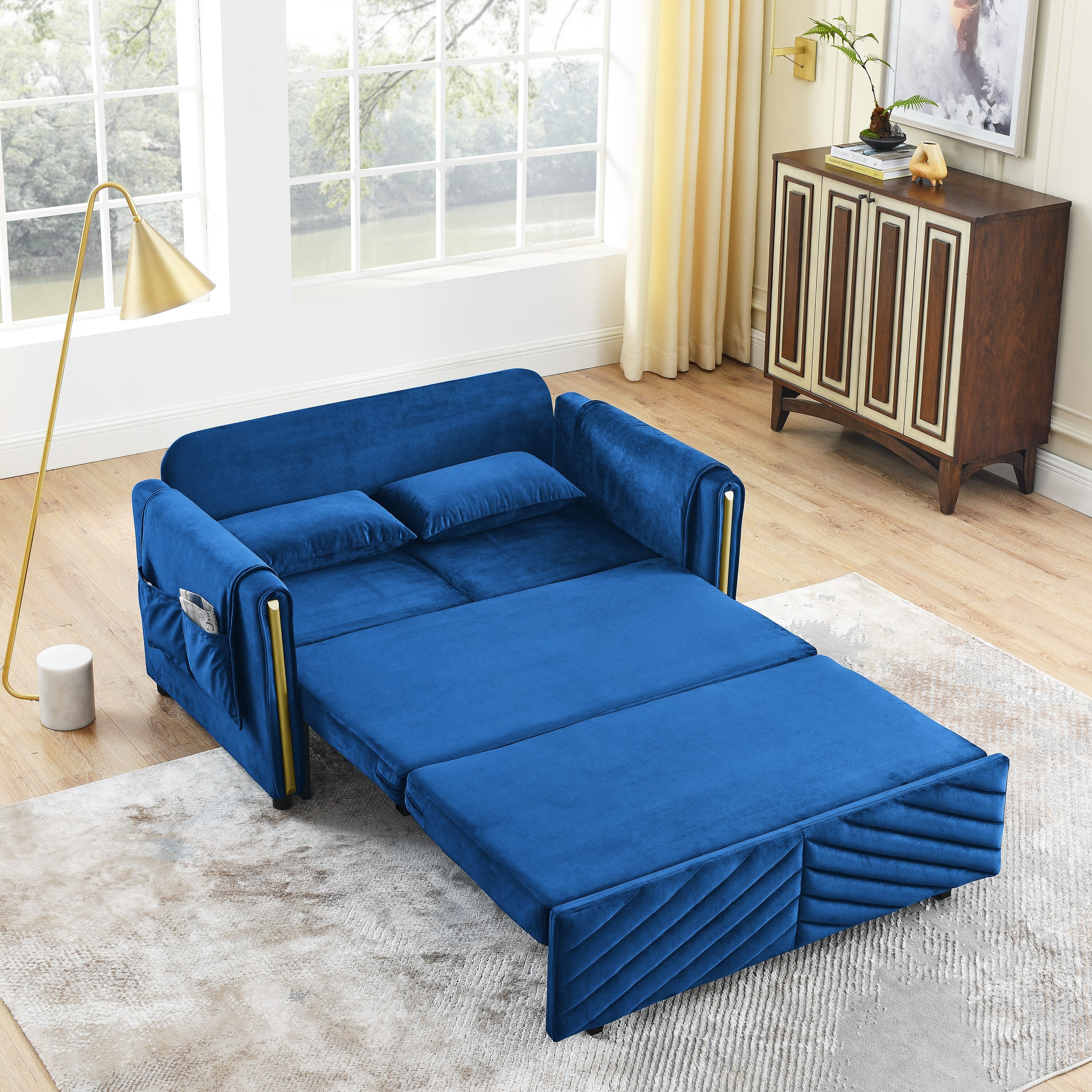 Luxury 3 in 1 Convertible Sleeper Sofa Bed Couch Pull Out Couch Multi Functional Navy Blue Velvet Loveseat Futon Bed