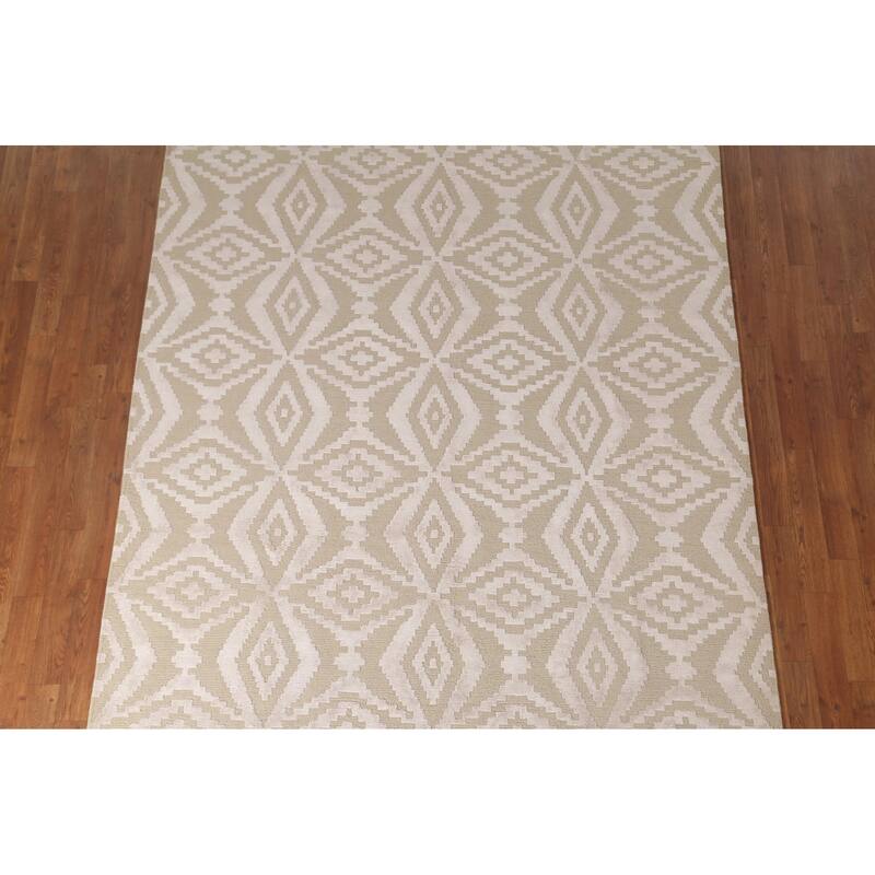 Beige Geometric Nepalese Oriental Area Rug Handmade Wool Carpet - 6'1" x 8'11"