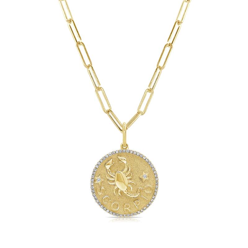 Zodiac Diamond Sign Necklace 14k Gold - Coin Pendant - Yellow Gold Diamond Necklace for Her - Women's Neckace - SCORPIO