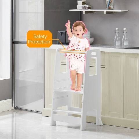 Kid's Wooden Kitchen Step Stool, Adjustable Platform Standing Tower, with Safety Guardrail Child Studying Tower