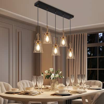 Haye Modern 5-Light Glass Chandelier Black Gold Island Lights for Dining Room - W 33.5" x D 5.5" x H 10"