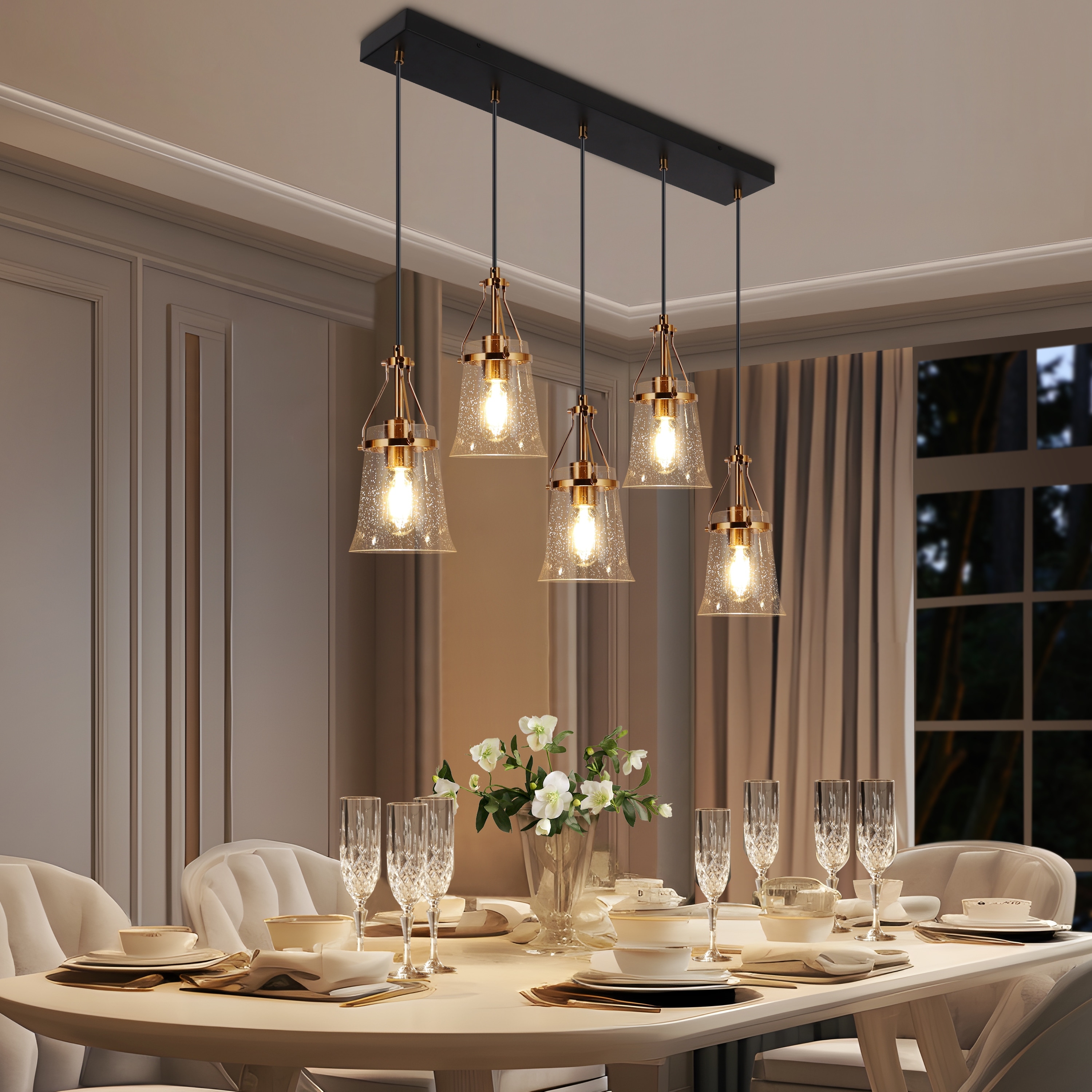 LALUZ Modern 5-Light Glass Chandelier Black Gold Island Lights for Dining Room - W 33.5" x D 5.5" x H 10"