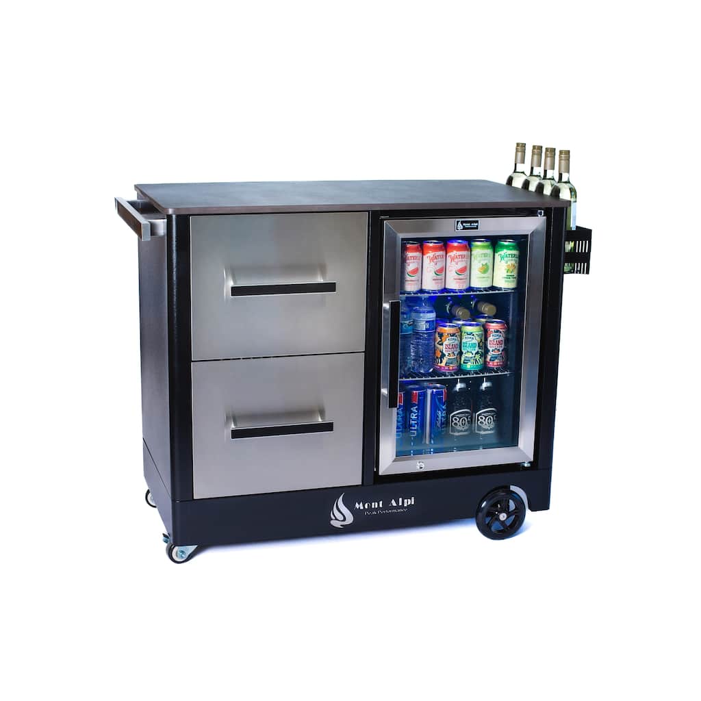 Mont Alpi MAPCL Outdoor Movable Food Prep and Pizza Oven Table BBQ Patio Grill Bar Kitchen Cart Stand with Refrigerator + Cooler