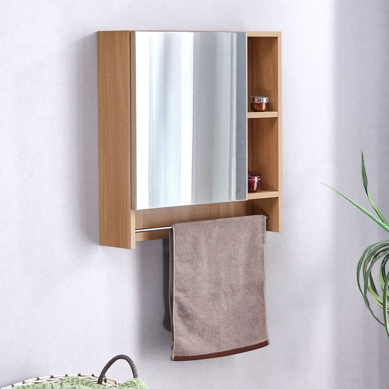 Wall-Mounted Bathroom Mirror Cabinet with Shelves, Towel Rack, and Storage Compartments，Over the Toilet Medicine Cabinet - 22X21.6 in - Burly Wood + MDF