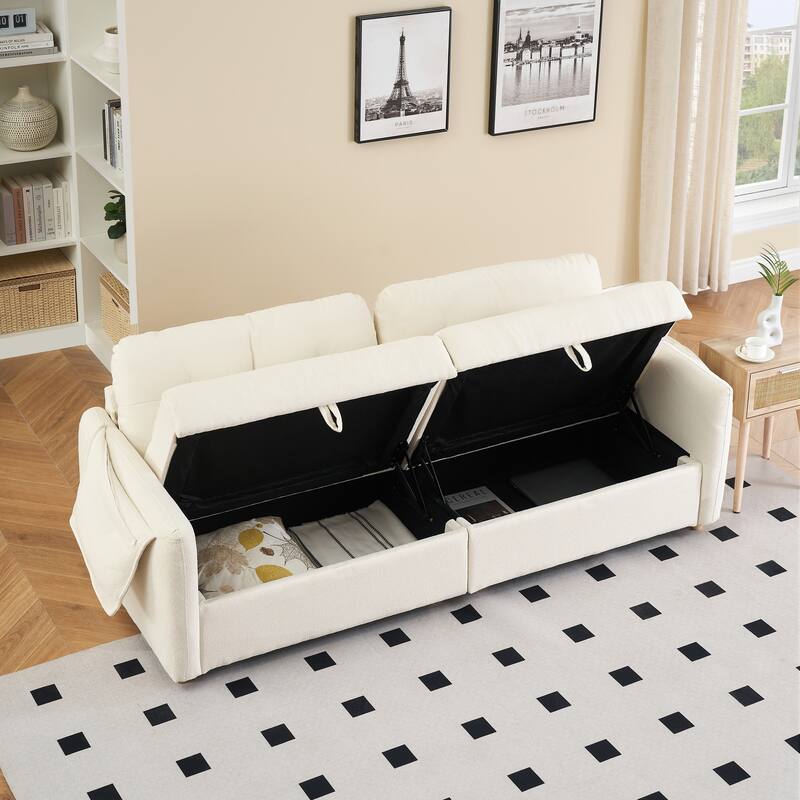 79.50 inches long, Teddy Cotton Linen Sofa Fabric, with metal conical long legs, metal strip matching, stylish and simple-Beige