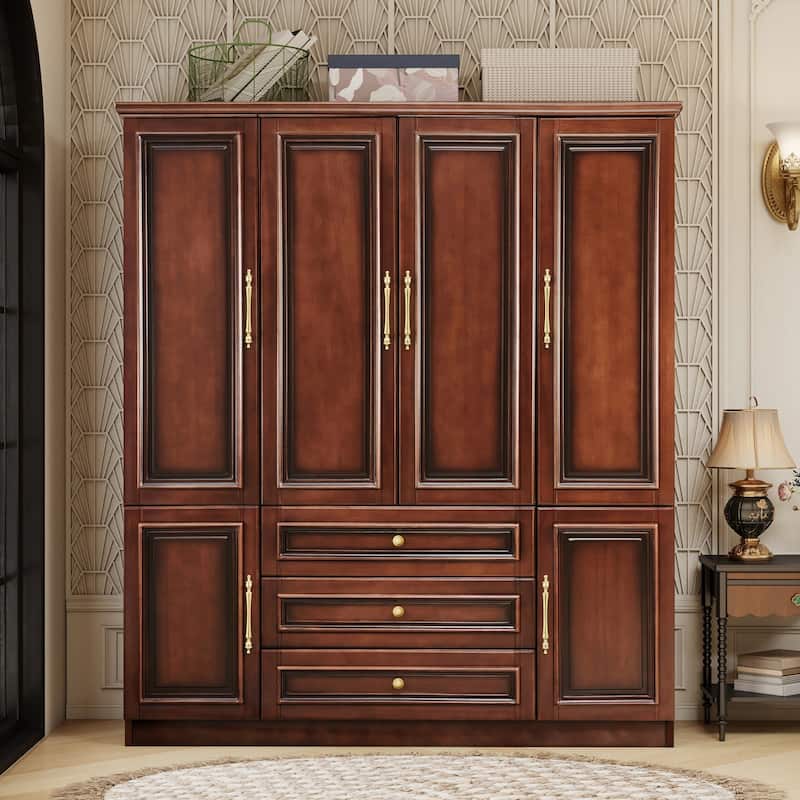 100% Solid Wood Armoire Wardrobe Closet with 4 Door, 70.87"H Armoire Closet Cabinet with 3 Drawers & 2 Hanging Rods for Bedroom - Cherry