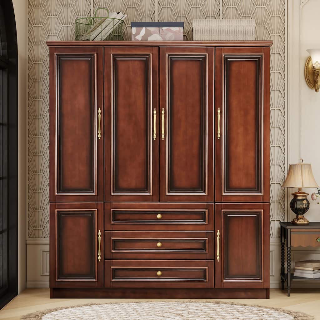 100% Solid Wood Armoire Wardrobe Closet with 4 Door, 70.87"H Armoire Closet Cabinet with 3 Drawers & 2 Hanging Rods for Bedroom